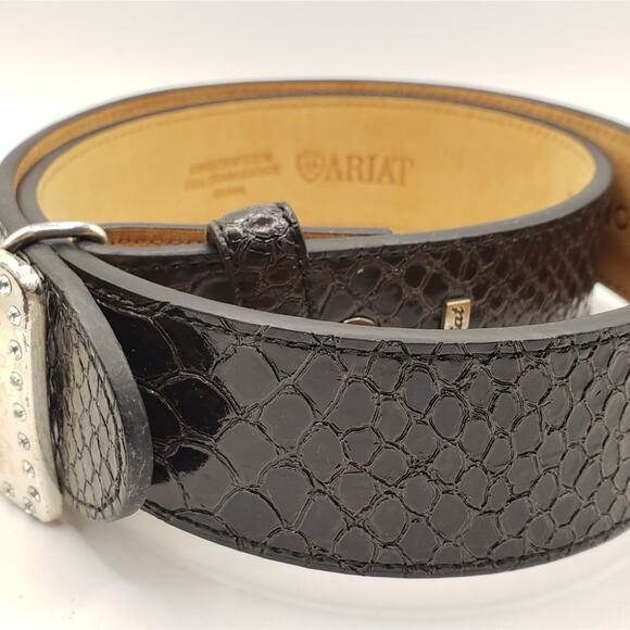 Ariat Black Leather Belt Reptile Pattern Baby 28 Silver Crystal Fat Baby Buckle - Picture 8 of 14